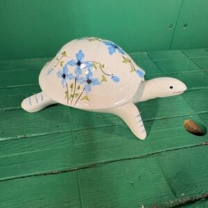 White Ceramic Turtle Trinket Box with Blue Floral Accent made in Portugal
